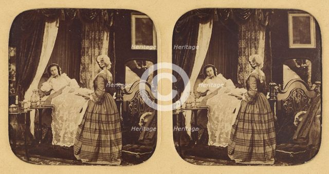 Genre scene: two women in a bedroom, one in bed, 1855-1860. Creator: Unknown.