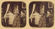 Genre scene: two women in a bedroom, one in bed, 1855-1860. Creator: Unknown