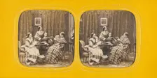 Genre parlor scene with four women, 1860s. Creator: E Lamy