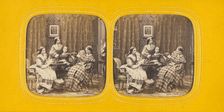 Genre parlor scene with four women, 1860s. Creator: E Lamy