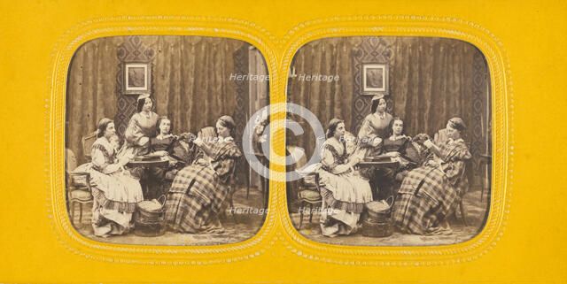 Genre parlor scene with four women, 1860s. Creator: E Lamy.
