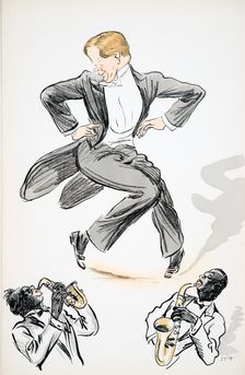 Gentleman in tails and white tie dances to two musicians playing saxophone, from White Bottoms pub