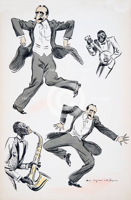 Gentleman in white tie and tails dancing while two musicians play saxophone and banjo, from 'White B