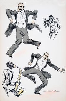 Gentleman in white tie and tails dancing while two musicians play saxophone and banjo, from White B
