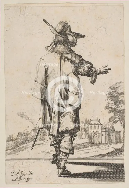Gentleman Seen from the Back Pointing towards a Chateau, 1629. Creator: Abraham Bosse.