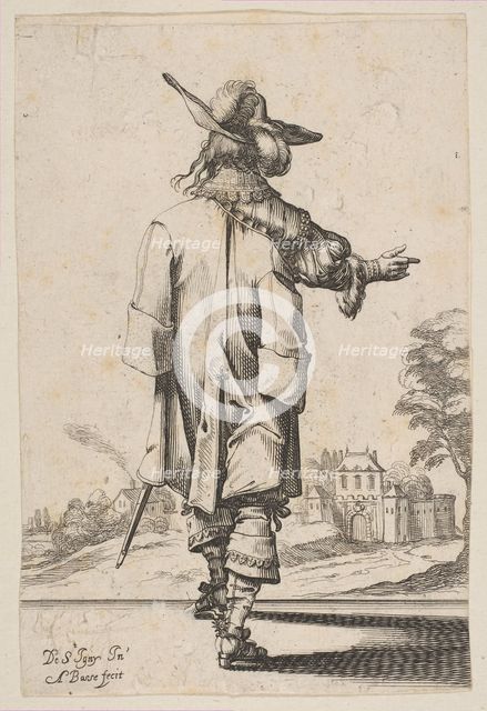 Gentleman Seen from the Back Pointing towards a Chateau, 1629. Creator: Abraham Bosse.