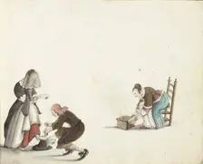 Gentleman ties a lady's shoe and a woman puts fire in a stove, c.1650. Creator: Gesina ter Borch