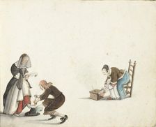 Gentleman ties a lady's shoe and a woman puts fire in a stove, c.1650. Creator: Gesina ter Borch