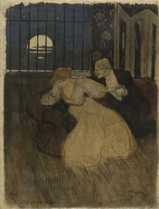 Gentleman tries to persuade a doubting lady on a sofa, 1869-1923. Creator: Theophile Alexandre Steinlen