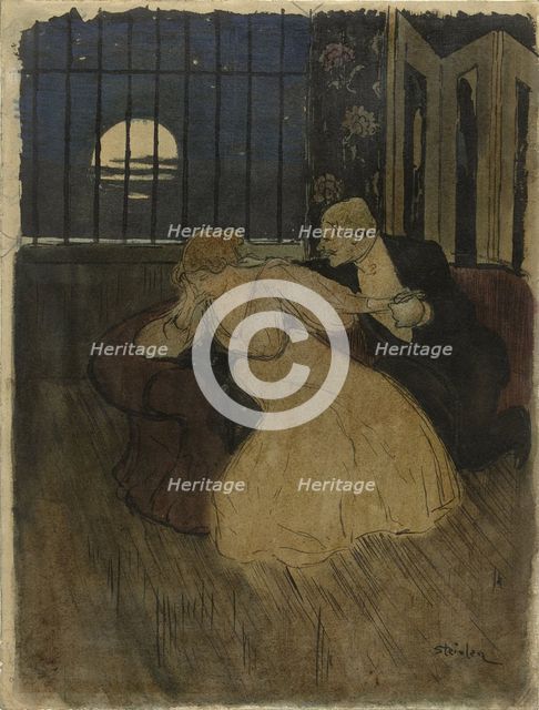 Gentleman tries to persuade a doubting lady on a sofa, 1869-1923. Creator: Theophile Alexandre Steinlen.