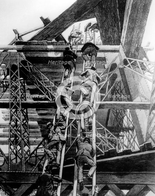 Gentlemen of the press taking the stairs on the Eiffel Tower, Paris, 1888. Artist: Unknown