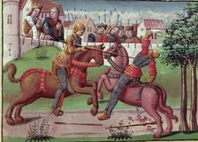 Gentlemen's Tournament of the Carolingian period, miniature in the incunable Ogier le Danois p…