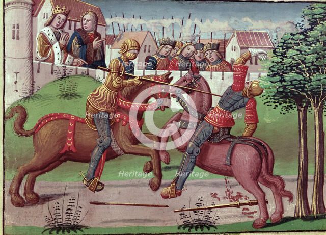 Gentlemen's Tournament of the Carolingian period, miniature in the incunable 'Ogier le Danois', p…