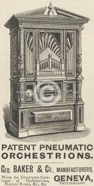 Geo Baker & Son Patent Pneumatic Orchestrions, 1893. Artist: Unknown