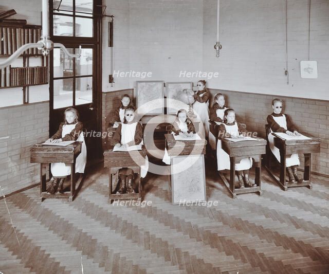 Geography lesson at Elm Lodge Residential School for Elder Blind Girls, London, 1908. Artist: Unknown.