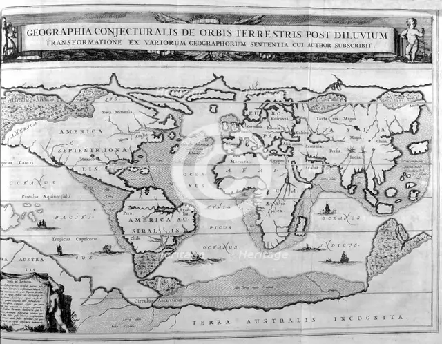 Geographic chart of the world after the deluge, 1675. Artist: Athanasius Kircher