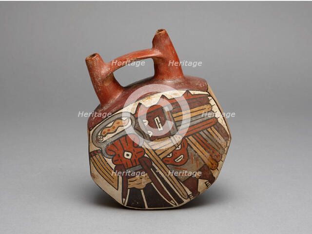 Geometric Bridge Vessel Depicting Ritual Performer Wearing Abstract Bird Costume, 180 B.C./A.D. 500. Creator: Unknown.