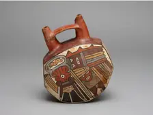 Geometric Bridge Vessel Depicting Ritual Performer Wearing Abstract Bird Costume, 180 B.C./A.D. 500. Creator: Unknown
