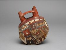 Geometric Bridge Vessel Depicting Ritual Performer Wearing Abstract Bird Costume, 180 B.C./A.D. 500. Creator: Unknown