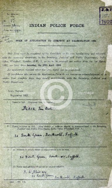 George Orwell's application papers to join the Burma Police, 1922. Creator: Unknown.
