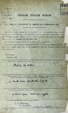 George Orwell's application papers to join the Burma Police, 1922. Creator: Unknown