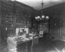 George Bancroft, 1800-1891, half-length portrait, seated at desk in library, facing front, c1880s. Creator: Unknown