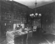 George Bancroft, 1800-1891, half-length portrait, seated at desk in library, facing front, c1880s. Creator: Unknown