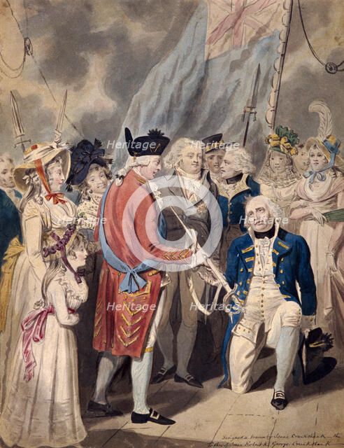 'George III presenting a Sword to Admiral Earl Howe', c1794. Artist: Isaac Cruikshank