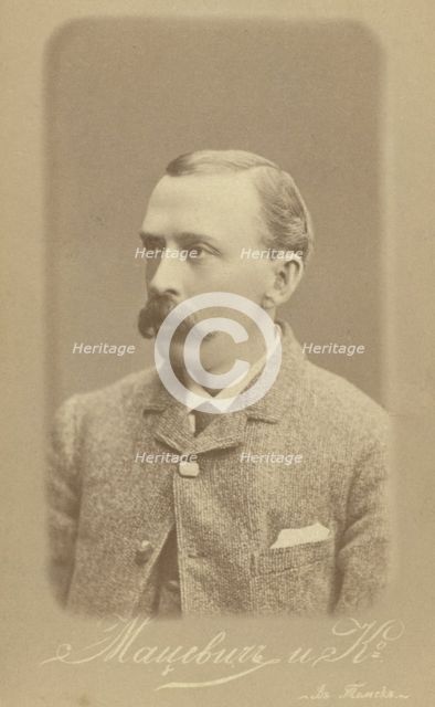 George Kennan, head-and-shoulders portrait, facing left, 1885. Creator: Unknown.