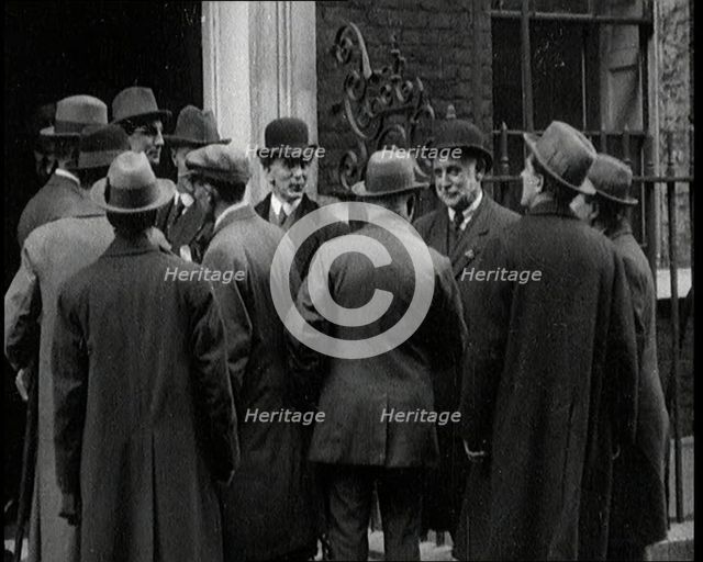 George Lansbury and Other Union Leaders Standing Outside Number 10 Downing Street in London, 1920. Creator: British Pathe Ltd.