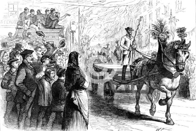 George Stephenson Centenary at Newcastle-on-Tyne: procession of draught horses, waggons, etc, 1881. Creator: W. P..