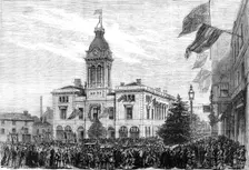 George Stephenson Centenary Festival: procession of benefit societies passing the Market-Hall, 1881. Creator: Unknown