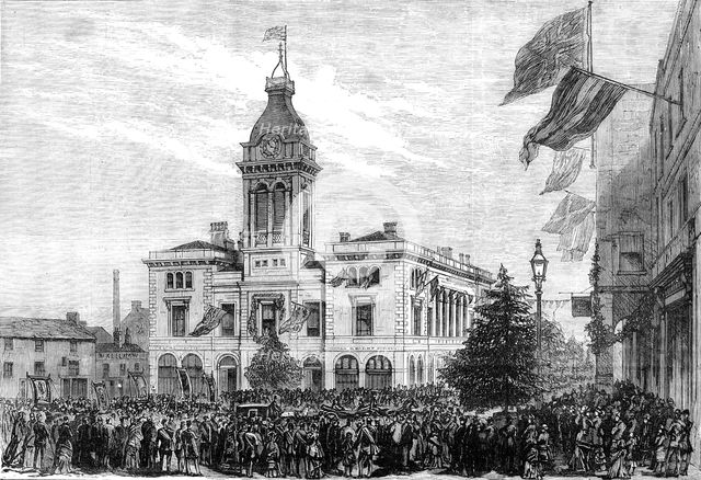George Stephenson Centenary Festival: procession of benefit societies passing the Market-Hall, 1881. Creator: Unknown.