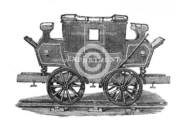 George Stephenson, Father of Railways: the Experiment, first railway passenger coach, 1825, (1881). Creator: Unknown.