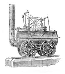 George Stephenson, Father of Railways: the first locomotive engine, 1881. Creator: Unknown