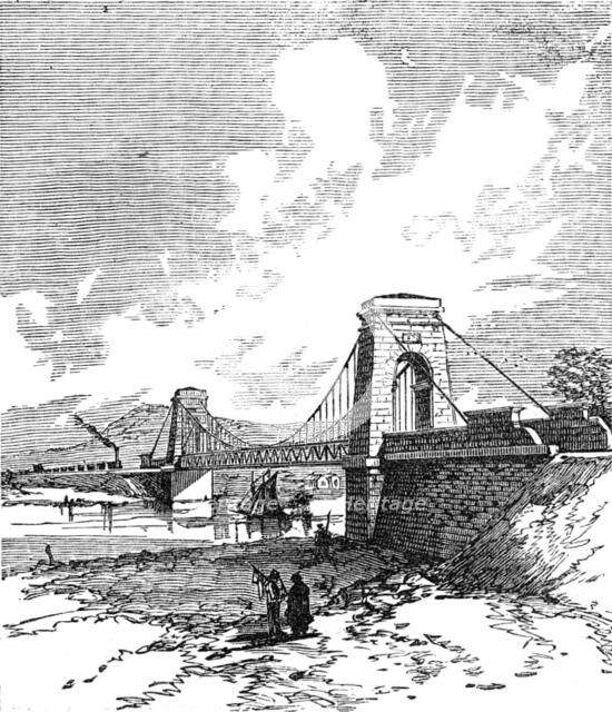 George Stephenson, Father of Railways: the first railway suspension bridge..., 1881. Creator: Unknown.
