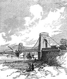 George Stephenson, Father of Railways: the first railway suspension bridge..., 1881. Creator: Unknown