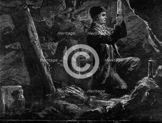 George Stephenson, the Father of Railways: Stephenson experimenting with the Safety Lamp..., 1881. Creator: Unknown.