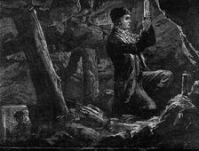 George Stephenson, the Father of Railways: Stephenson experimenting with the Safety Lamp..., 1881. Creator: Unknown