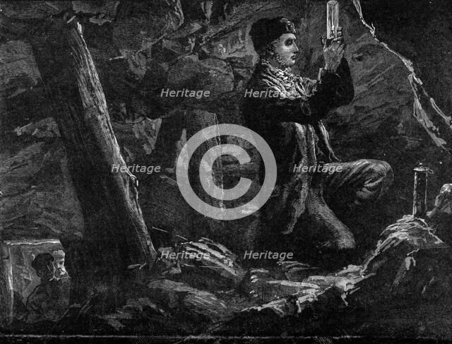 George Stephenson, the Father of Railways: Stephenson experimenting with the Safety Lamp..., 1881. Creator: Unknown.