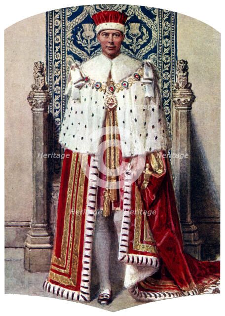 George VI in coronation robes: the Crimson Robe of State, with the Cap of Maintenance, 1937.Artist: Fortunino Matania