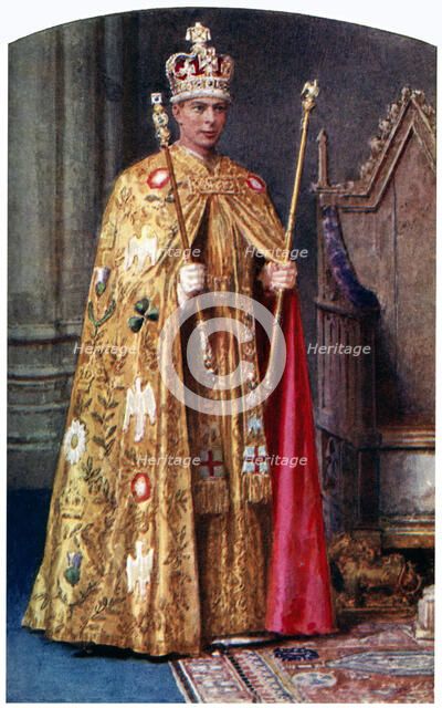 George VI in coronation robes: the Golden Imperial mantle, with St Edward's crown, 1937.Artist: Fortunino Matania