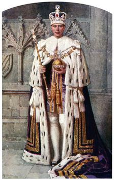 George VI in coronation robes: the Robe of Purple Velvet, with the Imperial State Crown, 1937.Artist: Fortunino Matania