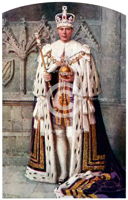 George VI in coronation robes: the Robe of Purple Velvet, with the Imperial State Crown, 1937.Artist: Fortunino Matania