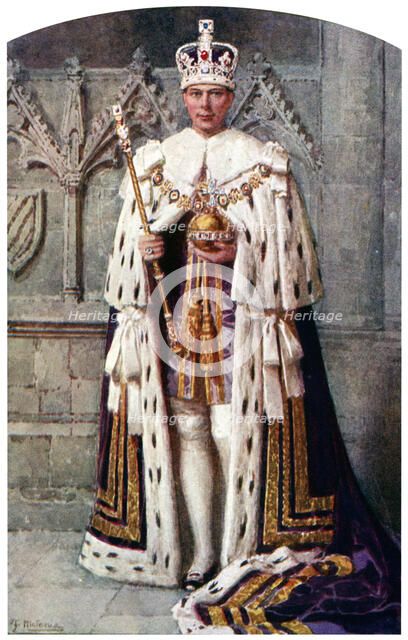 George VI in coronation robes: the Robe of Purple Velvet, with the Imperial State Crown, 1937.Artist: Fortunino Matania