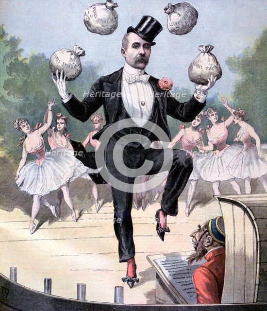 Georges Clemenceau juggling bags of English money, 1893. Artist: Henri Meyer