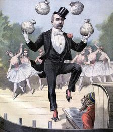 Georges Clemenceau juggling bags of English money, 1893. Artist: Henri Meyer