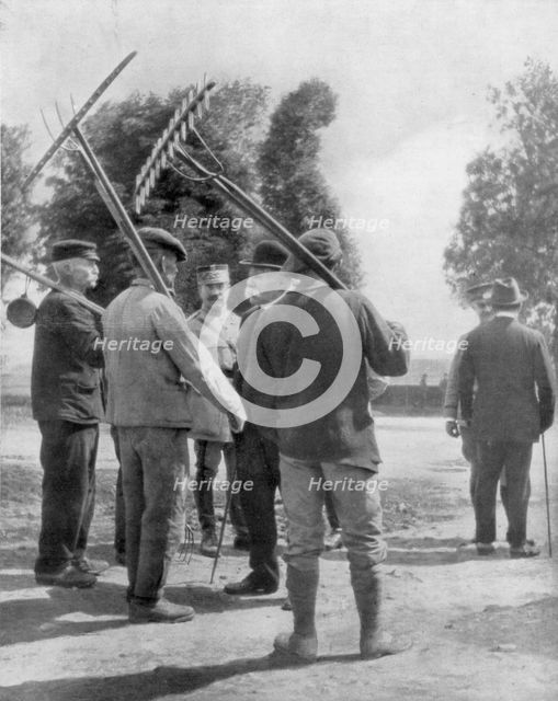 Georges Clemenceau talking with farmers near the front, Chemin des Dames, France, 1918. Artist: Unknown