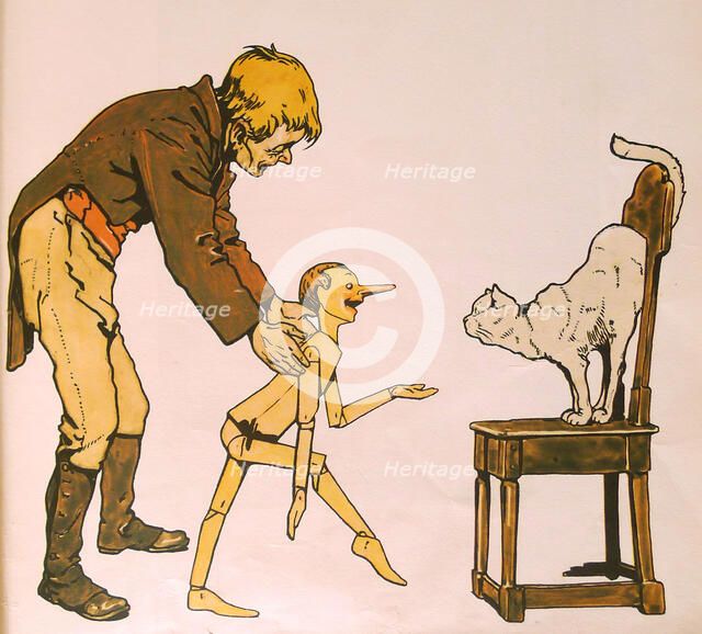 Geppetto, Pinocchio and cat, 1911. Creator: Attilio Mussino.