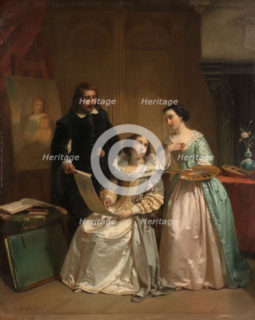 Gerard van Honthorst Showing the Drawings of his Pupil Louise of Bohemia to Amalia van Solms, 1854. Creator: Hendrick Jacobus Scholten.